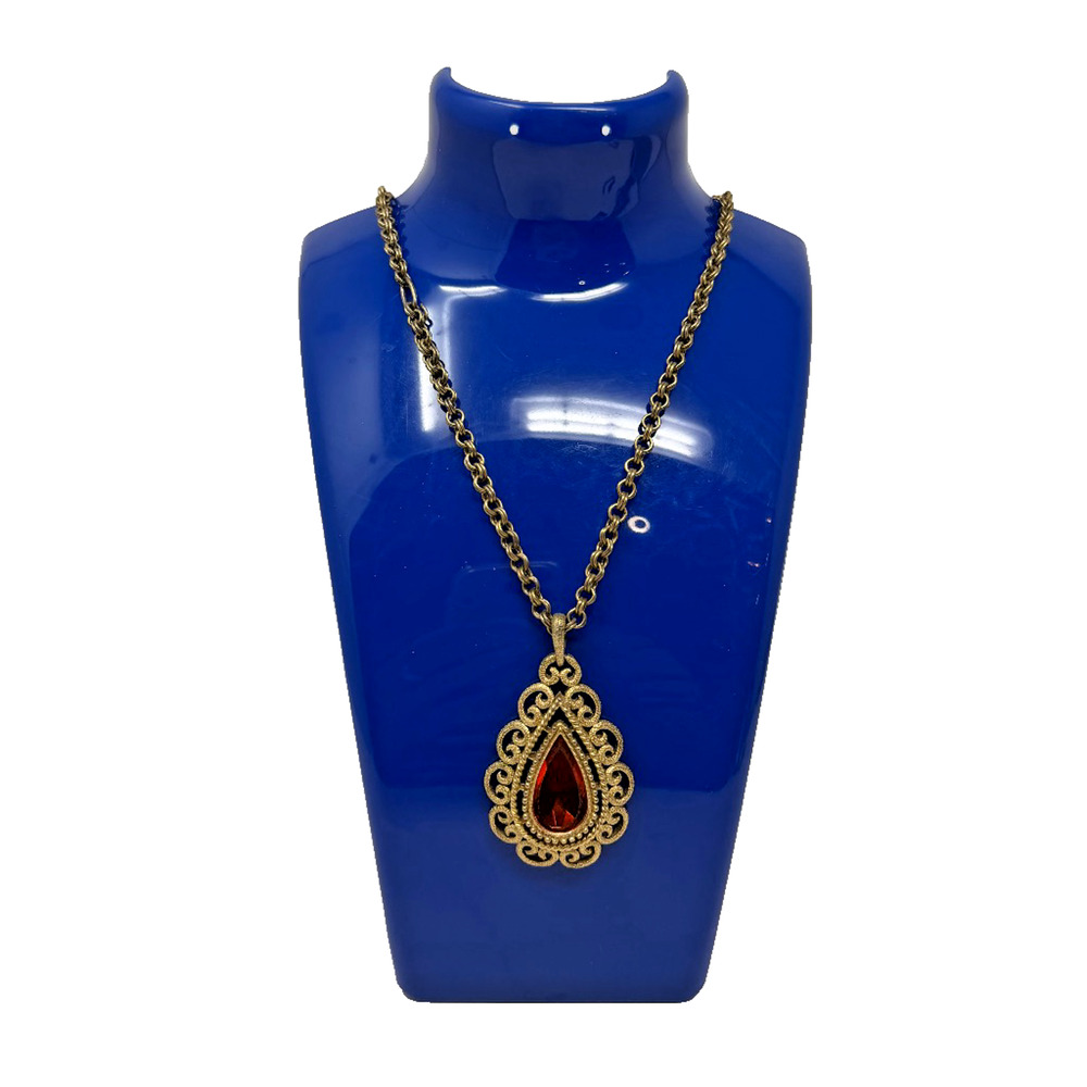 Ornate Gold Tone Filigree Teardrop Pendant Necklace Red Amber Glass